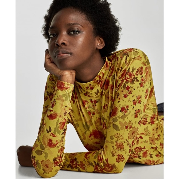 Zara | Tops | Nwt Zara Yellow Shiny High Collar Floral Top | Poshmark
